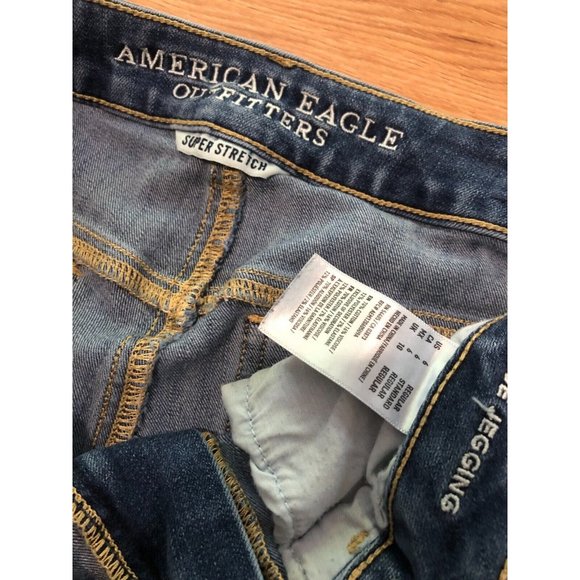 American Eagle Hi Rise Jegging Sz 6 (30) Super Stretch Blue Distressed Ripped - Picture 2 of 3
